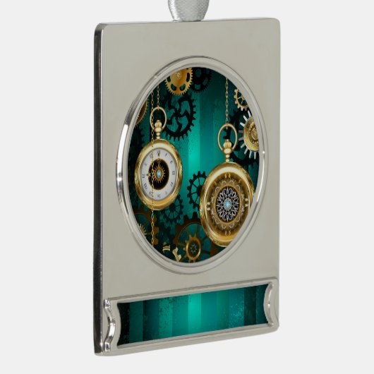 スチームパンクジュエリーウォッチを緑の背景 シルバープレートバナーオーナメント (右)