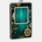 スチームパンクジュエリーウォッチを緑の背景 シルバープレートフレームオーナメント (右)