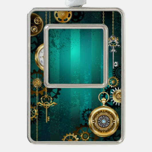 スチームパンクジュエリーウォッチを緑の背景 シルバープレートフレームオーナメント (正面)