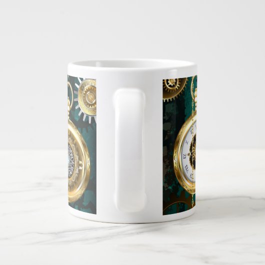 スチームパンクジュエリーウォッチを緑の背景 ジャンボコーヒーマグカップ (裏面)