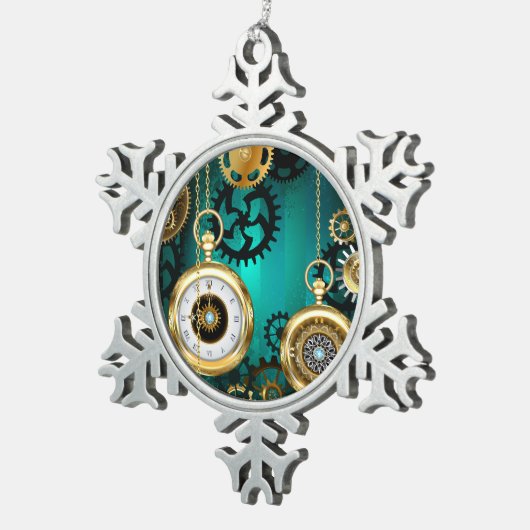 スチームパンクジュエリーウォッチを緑の背景 スノーフレークピューターオーナメント (右)