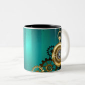 スチームパンクジュエリーウォッチを緑の背景 ツートーンマグカップ (正面右)