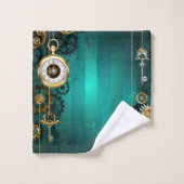 スチームパンクジュエリーウォッチを緑の背景 バスタオルセット (ウォッシュタオル)