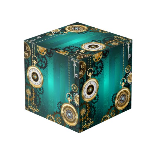 スチームパンクジュエリーウォッチを緑の背景 フォトキューブ (裏面アングル)