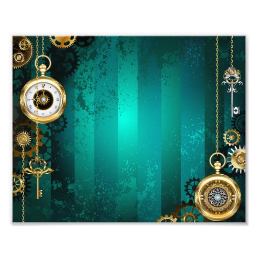 スチームパンクジュエリーウォッチを緑の背景 フォトプリント            (正面)