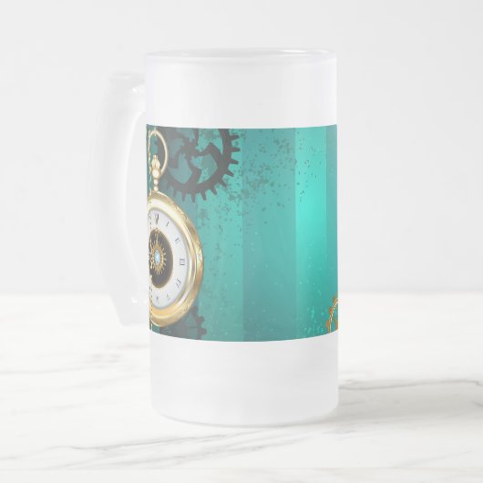 スチームパンクジュエリーウォッチを緑の背景 フロストグラスビールジョッキ (正面左)