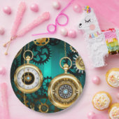 スチームパンクジュエリーウォッチを緑の背景 ペーパープレート (パーティー)