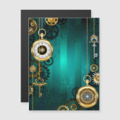スチームパンクジュエリーウォッチを緑の背景 マグネット招待状 (正面/裏面)