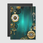 スチームパンクジュエリーウォッチを緑の背景 マグネット招待状 (正面/裏面)