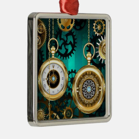 スチームパンクジュエリーウォッチを緑の背景 メタルオーナメント (右)