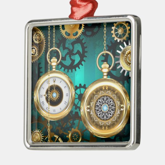 スチームパンクジュエリーウォッチを緑の背景 メタルオーナメント (左)