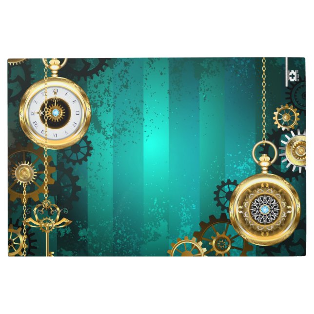 スチームパンクジュエリーウォッチを緑の背景 メタルプリント (正面)