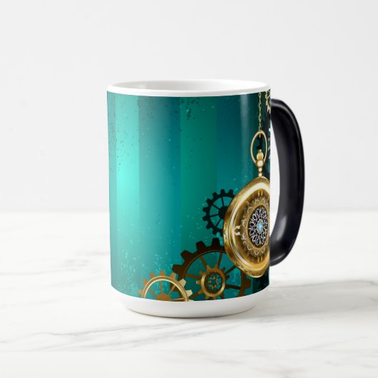 スチームパンクジュエリーウォッチを緑の背景 モーフィングマグカップ (正面右)