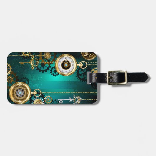スチームパンクジュエリーウォッチを緑の背景 ラゲッジタグ (正面横)