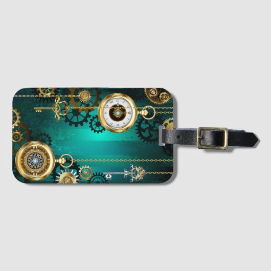 スチームパンクジュエリーウォッチを緑の背景 ラゲッジタグ (正面横)