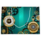 スチームパンクジュエリーウォッチを緑の背景 ラージペーパーバッグ (正面)