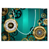 スチームパンクジュエリーウォッチを緑の背景 ラージペーパーバッグ (裏面)