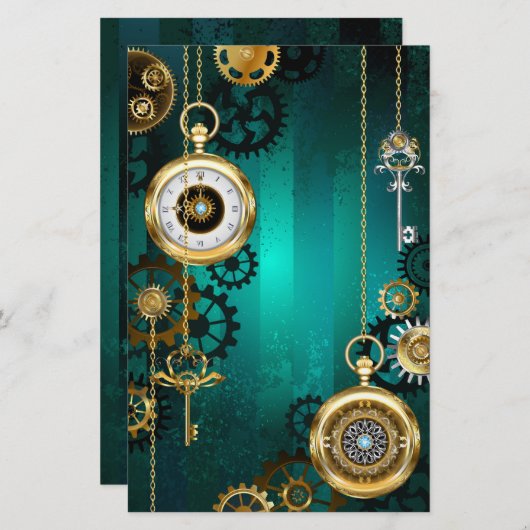 スチームパンクジュエリーウォッチを緑の背景 便箋 (正面/裏面)