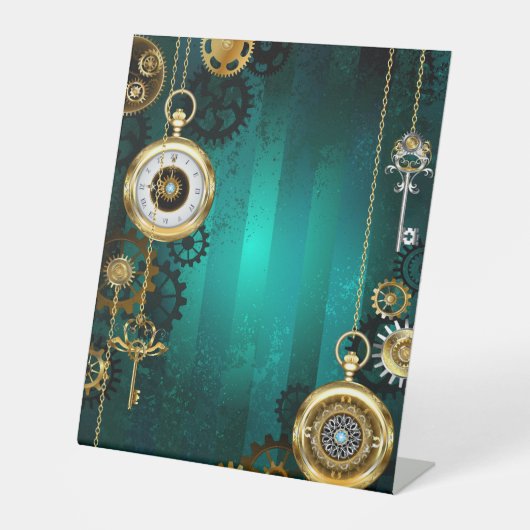 スチームパンクジュエリーウォッチを緑の背景 台座サイン (正面)
