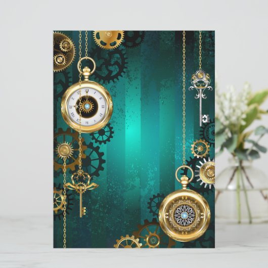 スチームパンクジュエリーウォッチを緑の背景 招待状 (スタンド正面)
