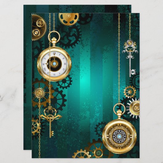 スチームパンクジュエリーウォッチを緑の背景 招待状 (正面/裏面)