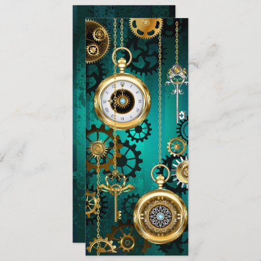 スチームパンクジュエリーウォッチを緑の背景 招待状 (正面/裏面)