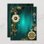 スチームパンクジュエリーウォッチを緑の背景 招待状 (正面/裏面)