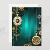 スチームパンクジュエリーウォッチを緑の背景 案内ポストカード (正面/裏面)