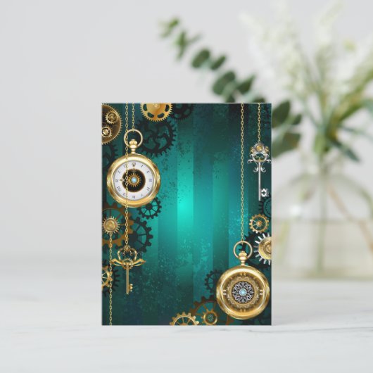 スチームパンクジュエリーウォッチを緑の背景 案内ポストカード (スタンド正面)