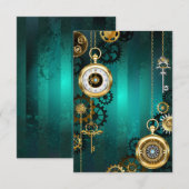 スチームパンクジュエリーウォッチを緑の背景 案内状 (正面/裏面)