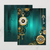 スチームパンクジュエリーウォッチを緑の背景 案内状 (正面/裏面)