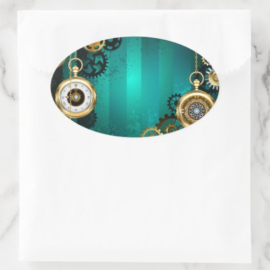 スチームパンクジュエリーウォッチを緑の背景 楕円形シール (バッグ)