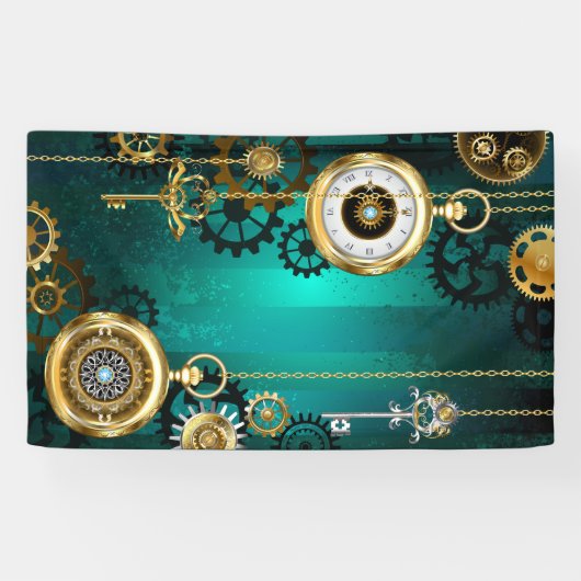 スチームパンクジュエリーウォッチを緑の背景 横断幕 (横)