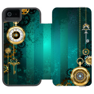 スチームパンクジュエリーウォッチを緑の背景 iPhone SE/5/5sウォレットケース