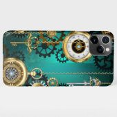 スチームパンクジュエリーウォッチを緑の背景 iPhoneケース (裏面横)