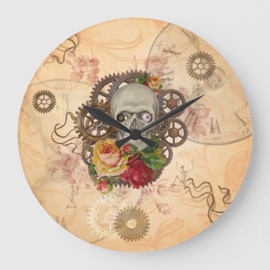 スチームパンクスカル ラージ壁時計 (正面)
