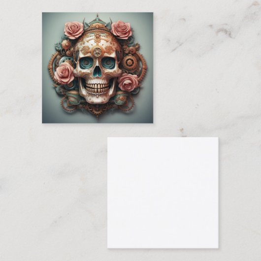スチームパンクスカル（花の背景） スクエア名刺 (正面/裏面)