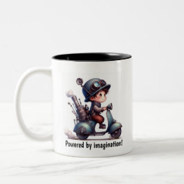 スチームパンクスクーターに乗って幸せな子ども ツートーンマグカップ