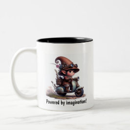 スチームパンクスクーターに乗って幸せな子ども ツートーンマグカップ