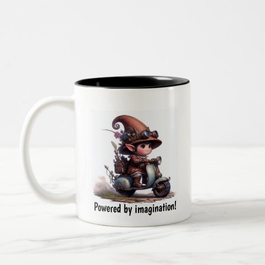 スチームパンクスクーターに乗って幸せな子ども ツートーンマグカップ (左)