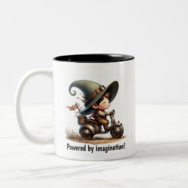 スチームパンクスクーターに乗って幸せな子ども ツートーンマグカップ