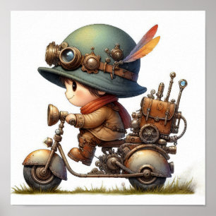 スチームパンクスクーターに乗る若い幸せな子ども ポスター