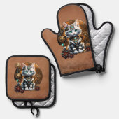 スチームパンクスタイルの小さくて可愛い子猫。 鍋つかみ&鍋敷きセット (正面/裏面)