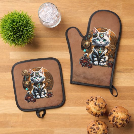 スチームパンクスタイルの小さくて可愛い子猫。 鍋つかみ&鍋敷きセット (トップダウン)