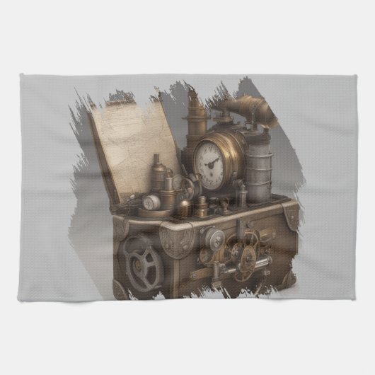 スチームパンクタイムマシン – ヴィンテージ宝箱 キッチンタオル (横)