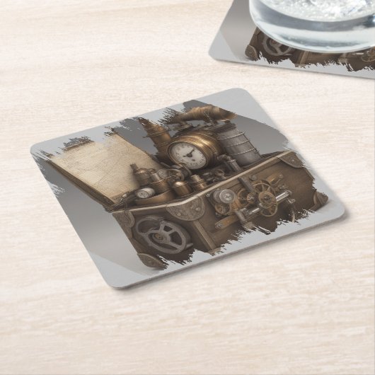スチームパンクタイムマシン – ヴィンテージ宝箱 スクエアペーパーコースター (アングル)