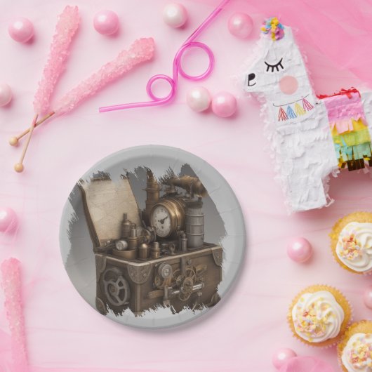 スチームパンクタイムマシン – ヴィンテージ宝箱 ペーパープレート (パーティー)