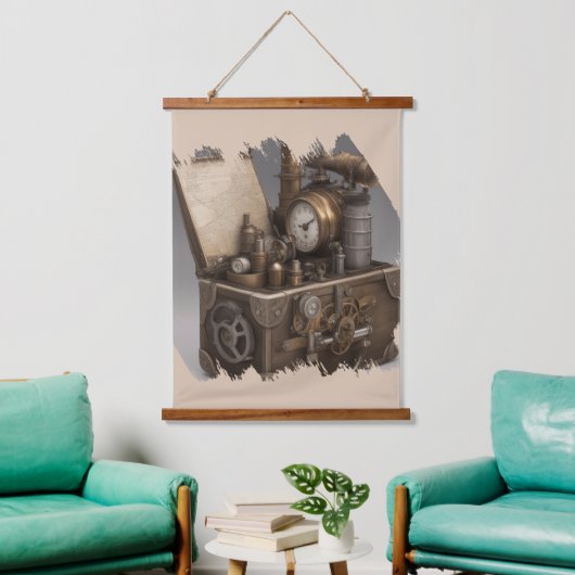 スチームパンクタイムマシン – ヴィンテージ宝箱 吊り下げ型タペストリー (リビング)