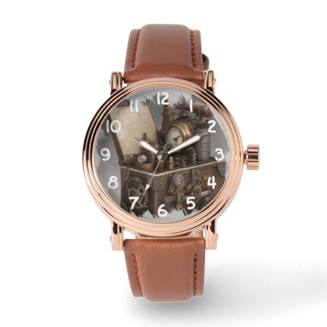 スチームパンクタイムマシン – ヴィンテージ宝箱 腕時計 (正面)