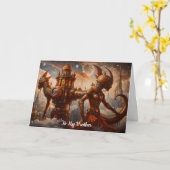 スチームパンクタワーと女性彫刻の誕生日 カード (黄色い花)